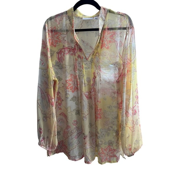 Susan Graver XL sheer yellow floral print long sleeve pin tuck v neck Boho top - Picture 1 of 7